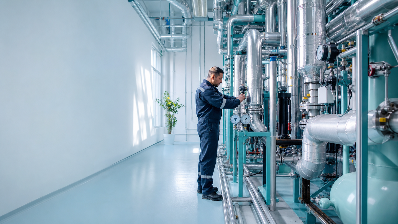 Technicien devant une installation de réfrigération industrielle